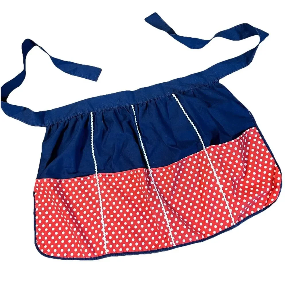 Vintage REVERSIBLE Half Apron Red White Blue Polka Dot Floral Cotton 59